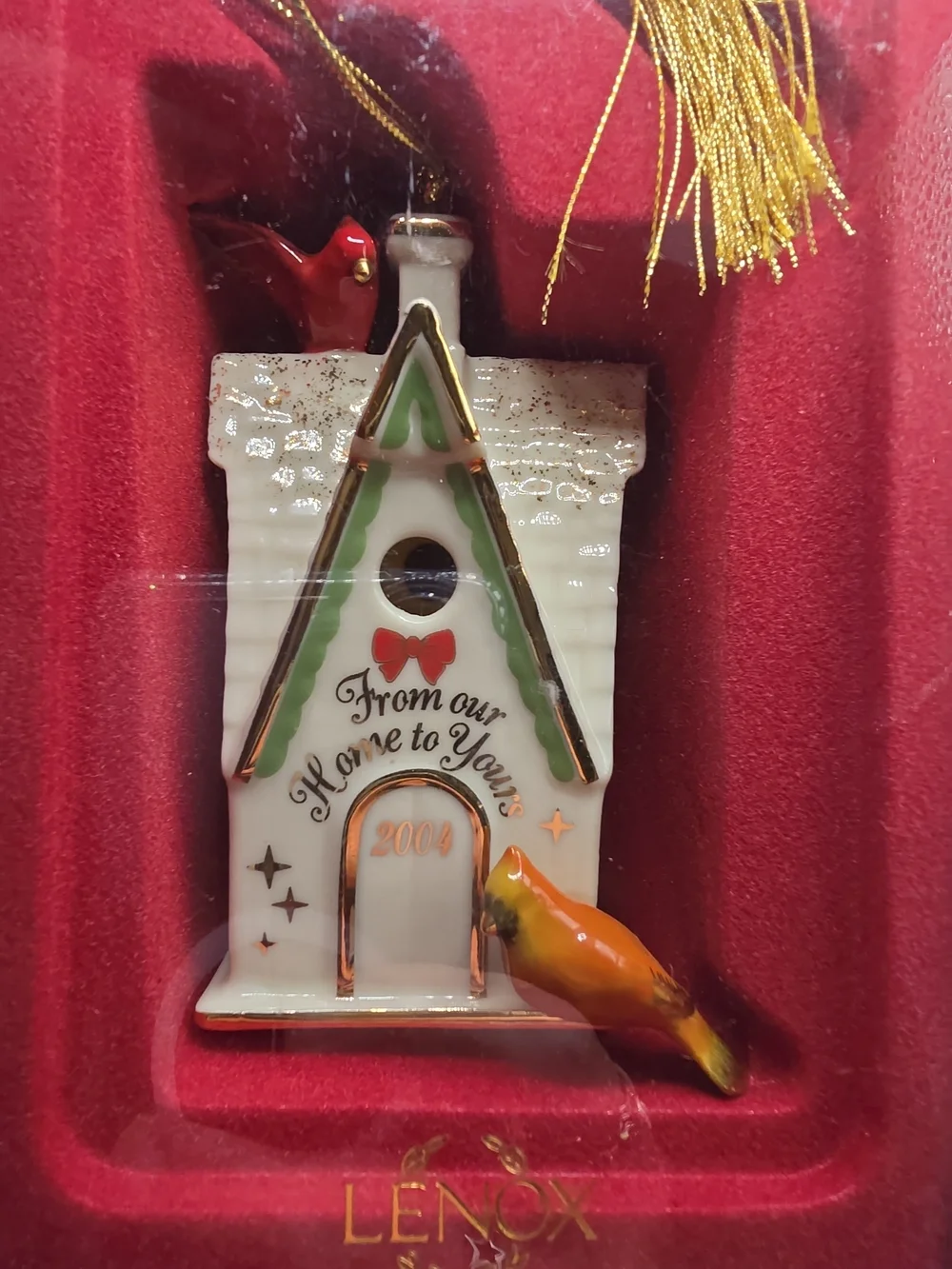 Lenox 2004 White & Gold Cardinal Birdhouse Holiday Ornament